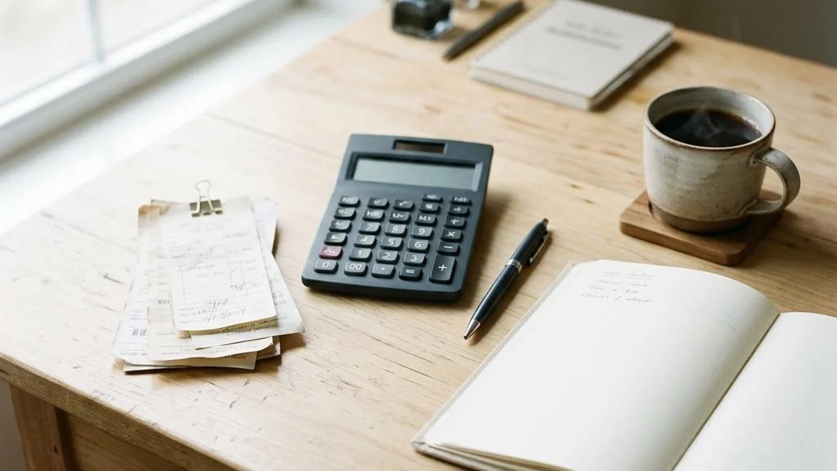 A calculator, receipts and notebook on a business bookkeeping desk